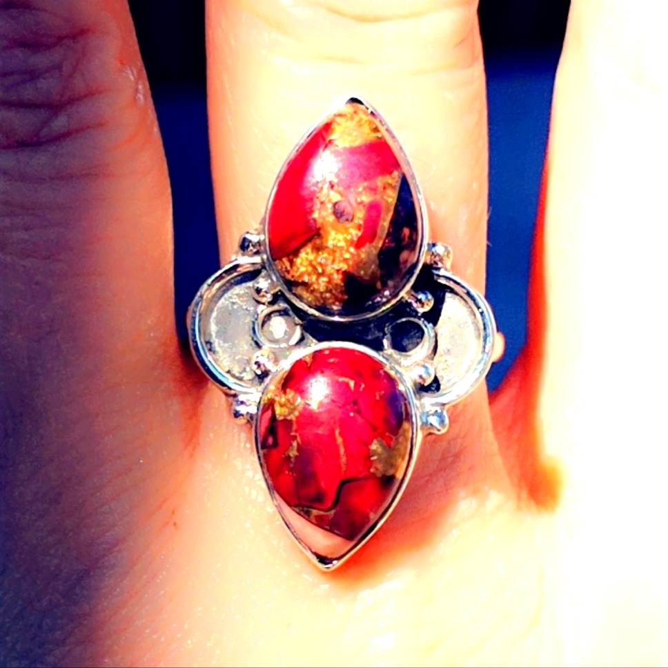 Red Rose Dahlia Turquoise Sterling Gemstone Ring